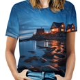 thumbnail image 1 of Lighthouse Sunrise Coast Scenery Pale Blue Tan Women's Short Sleeve T-Shirt Crew Neck Casual Summer Trendy Loose Fit Tops, 1 of 6