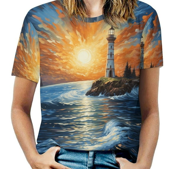 Lighthouse Sunrise Coast Scenery Pale Blue Tan Women's Short Sleeve T-Shirt Crew Neck Casual Summer Trendy Loose Fit Tops