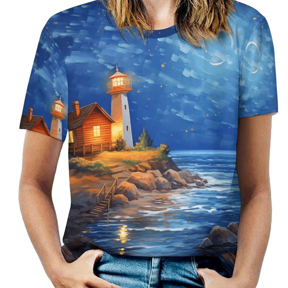 Lighthouse Sunrise Coast Scenery Pale Blue Tan Women's Short Sleeve T-Shirt Crew Neck Casual Summer Trendy Loose Fit Tops