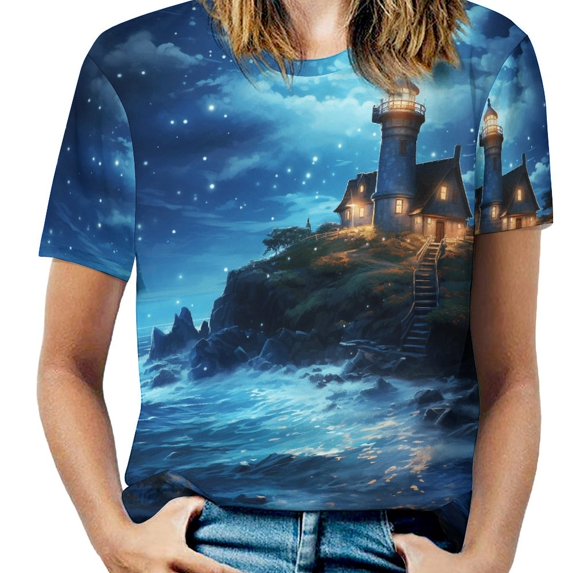 Lighthouse Sunrise Coast Scenery Pale Blue Tan Women's Short Sleeve T-Shirt Crew Neck Casual Summer Trendy Loose Fit Tops