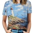 thumbnail image 1 of Lighthouse Sunrise Coast Scenery Pale Blue Tan Women's Short Sleeve T-Shirt Crew Neck Casual Summer Trendy Loose Fit Tops, 1 of 6