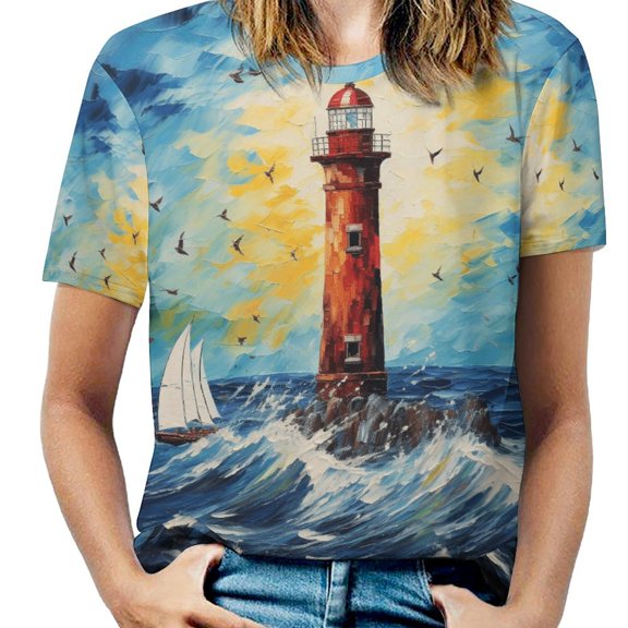 Lighthouse Sunrise Coast Scenery Pale Blue Tan Women's Short Sleeve Tops Casual Blouses T Shirt
