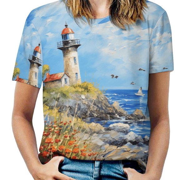 Lighthouse Sunrise Coast Scenery Pale Blue Tan Women's Short Sleeve Tops Casual Blouses T Shirt