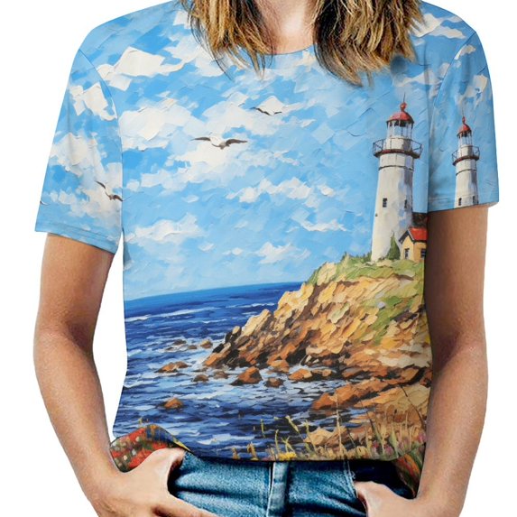 Lighthouse Sunrise Coast Scenery Pale Blue Tan Women's Short Sleeve Tops Casual Blouses T Shirt