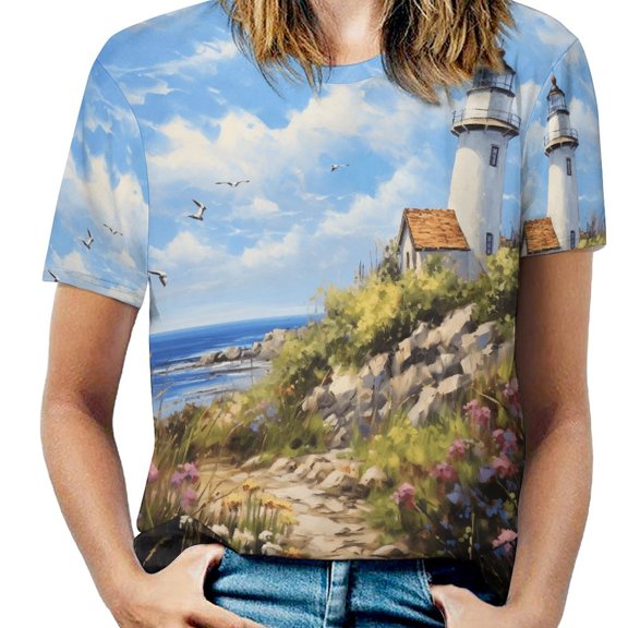 Lighthouse Sunrise Coast Scenery Pale Blue Tan Women's Short Sleeve Tops Casual Blouses T Shirt