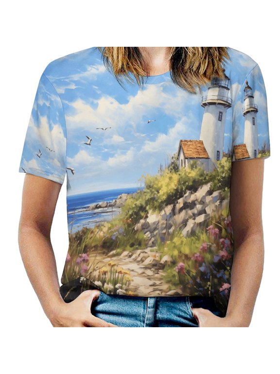 Lighthouse Sunrise Coast Scenery Pale Blue Tan Women's Short Sleeve Tops Casual Blouses T Shirt
