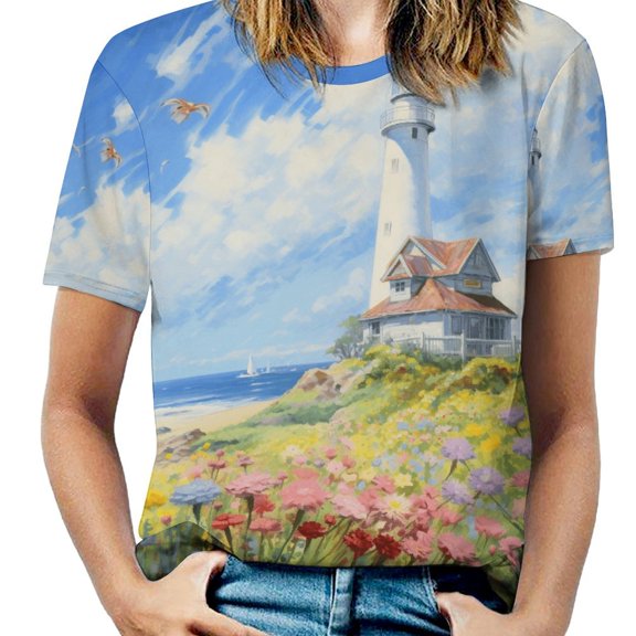 Lighthouse Sunrise Coast Scenery Pale Blue Tan Women's Short Sleeve Tops Casual Blouses T Shirt