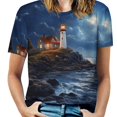 thumbnail image 1 of Lighthouse Sunrise Coast Scenery Pale Blue Tan Women's Short Sleeve Tops Casual Blouses T Shirt, 1 of 6