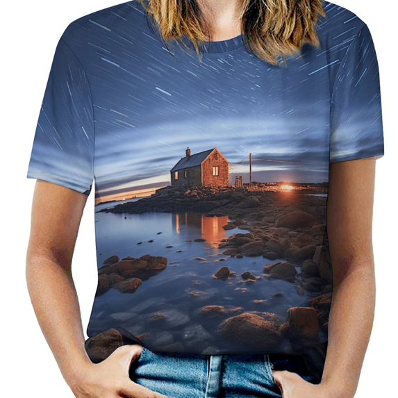 Lighthouse Sunrise Coast Scenery Pale Blue Tan Women's Short Sleeve Tops Casual Blouses T Shirt