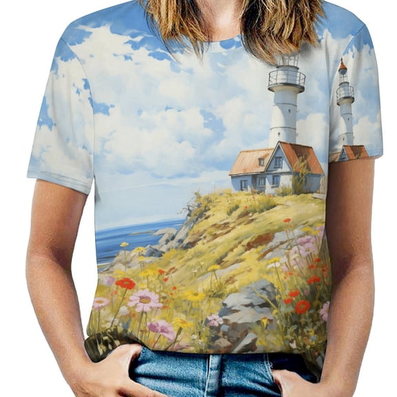 Lighthouse Sunrise Coast Scenery Pale Blue Tan Women's Short Sleeve Tops Casual Blouses T Shirt