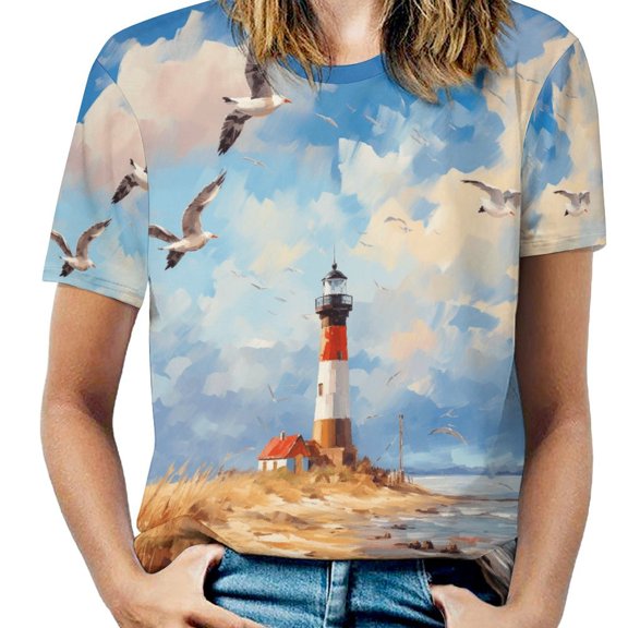 Lighthouse Sunrise Coast Scenery Pale Blue Tan Women's Short Sleeve Tops Casual Blouses T Shirt
