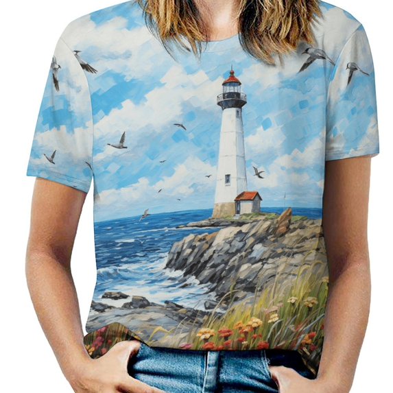 Lighthouse Sunrise Coast Scenery Pale Blue Tan Women's Short Sleeve Tops Casual Blouses T Shirt