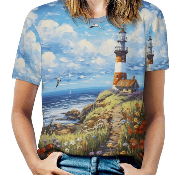 Lighthouse Sunrise Coast Scenery Pale Blue Tan Women's Short Sleeve Tops Casual Blouses T Shirt