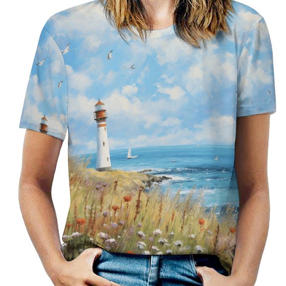Lighthouse Sunrise Coast Scenery Pale Blue Tan Women's Short Sleeve Tops Casual Blouses T Shirt
