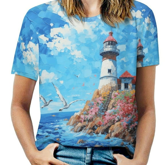 Lighthouse Sunrise Coast Scenery Pale Blue Tan Women's T-Shirt Short Sleeve T Shirts Tops Tee Ladies Loose T