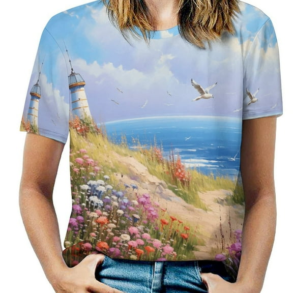 Lighthouse Sunrise Coast Scenery Pale Blue Tan Women's T-Shirt Short Sleeve T Shirts Tops Tee Ladies Loose T