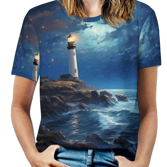 Lighthouse Sunrise Coast Scenery Pale Blue Tan Women's T-Shirt Short Sleeve T Shirts Tops Tee Ladies Loose T