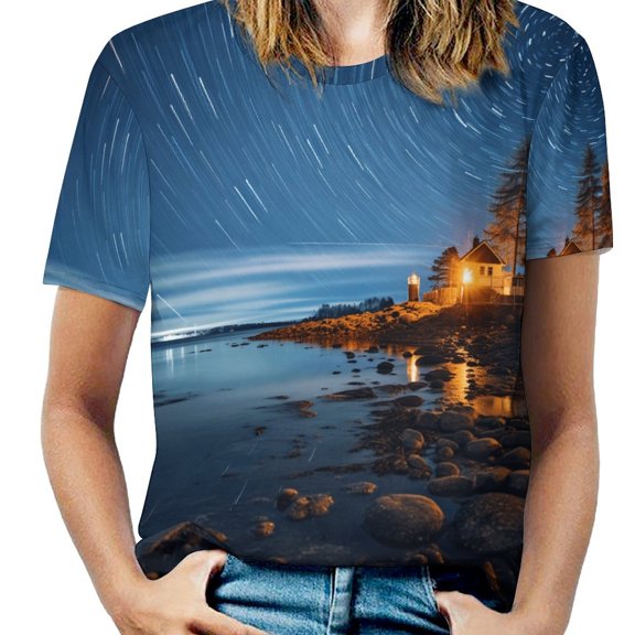 Lighthouse Sunrise Coast Scenery Pale Blue Tan Women's T-Shirt Short Sleeve T Shirts Tops Tee Ladies Loose T