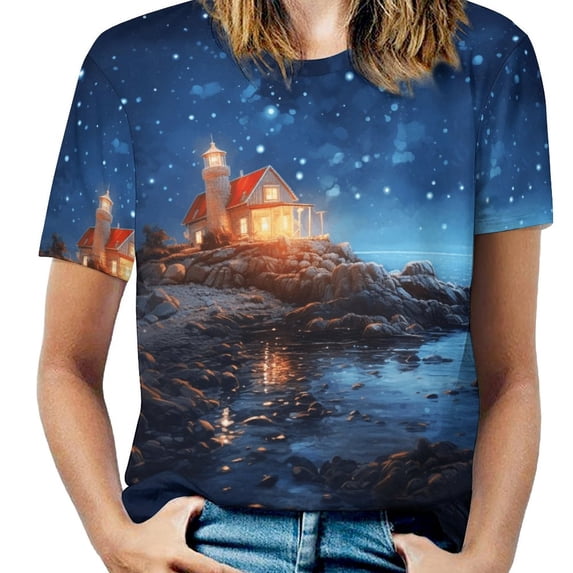Lighthouse Sunrise Coast Scenery Pale Blue Tan Women's T-Shirt Short Sleeve T Shirts Tops Tee Ladies Loose T