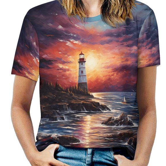Lighthouse Sunrise Coast Scenery Pale Blue Tan Women's T-Shirt Short Sleeve T Shirts Tops Tee Ladies Loose T