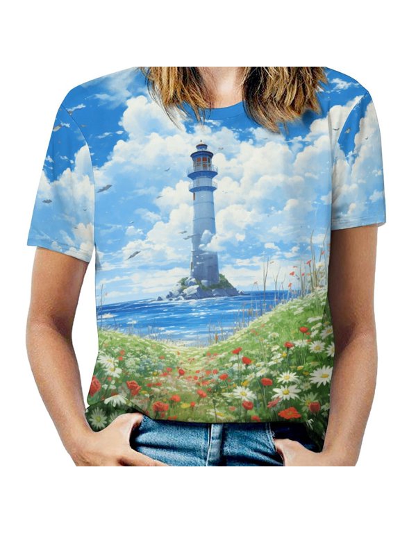 Lighthouse Sunrise Coast Scenery Pale Blue Tan Women's T-Shirt Short Sleeve T Shirts Tops Tee Ladies Loose T