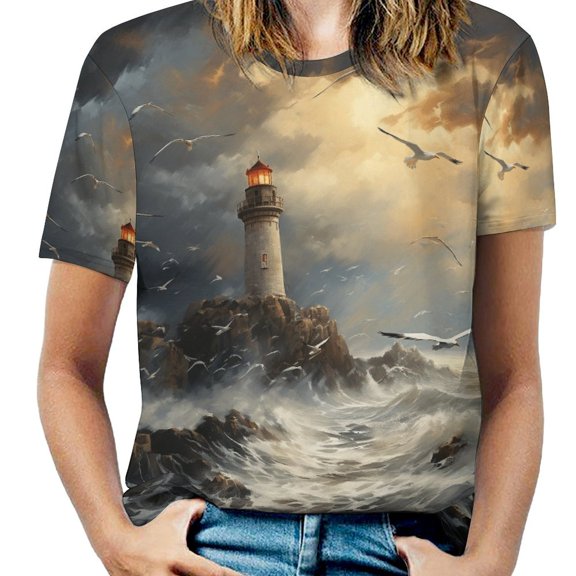 Lighthouse Sunrise Coast Scenery Pale Blue Tan Women's T-Shirt Short Sleeve T Shirts Tops Tee Ladies Loose T