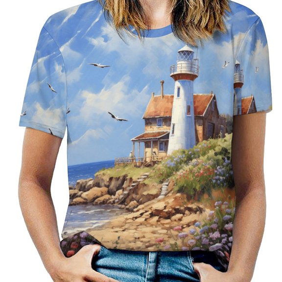 Lighthouse Sunrise Coast Scenery Pale Blue Tan Women's T-Shirt Short Sleeve T Shirts Tops Tee Ladies Loose T