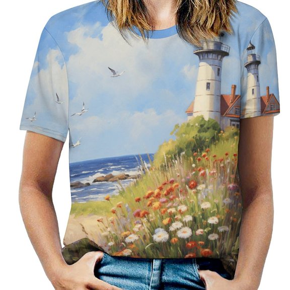 Lighthouse Sunrise Coast Scenery Pale Blue Tan Womens Tops Women's Fashion Casual Short Sleeve Flower Print Round Neck Pullover Top Blouse