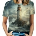 thumbnail image 1 of Lighthouse Sunrise Coast Scenery Pale Blue Tan Womens Tops Women's Fashion Casual Short Sleeve Flower Print Round Neck Pullover Top Blouse, 1 of 6