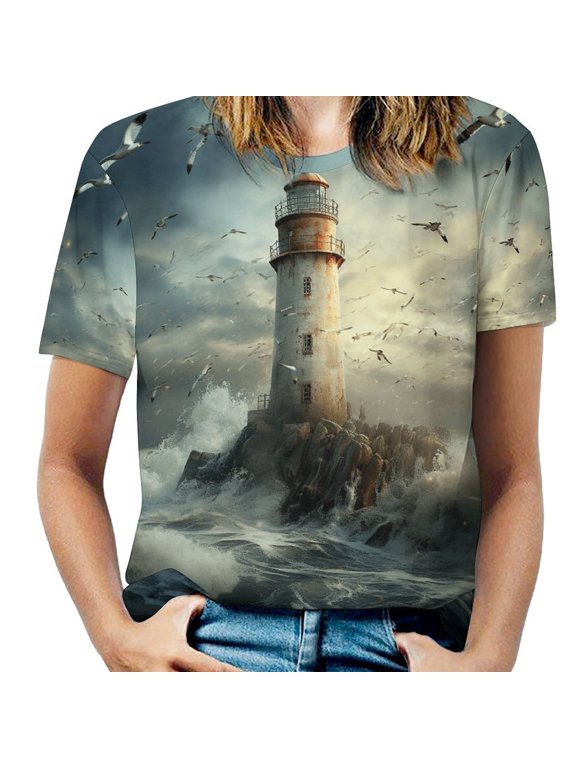 Lighthouse Sunrise Coast Scenery Pale Blue Tan Womens Tops Women's Fashion Casual Short Sleeve Flower Print Round Neck Pullover Top Blouse