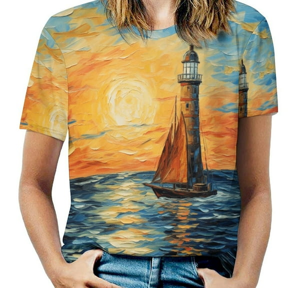 Lighthouse Sunrise Coast Scenery Pale Blue Tan Womens Tops Women's Fashion Casual Short Sleeve Flower Print Round Neck Pullover Top Blouse