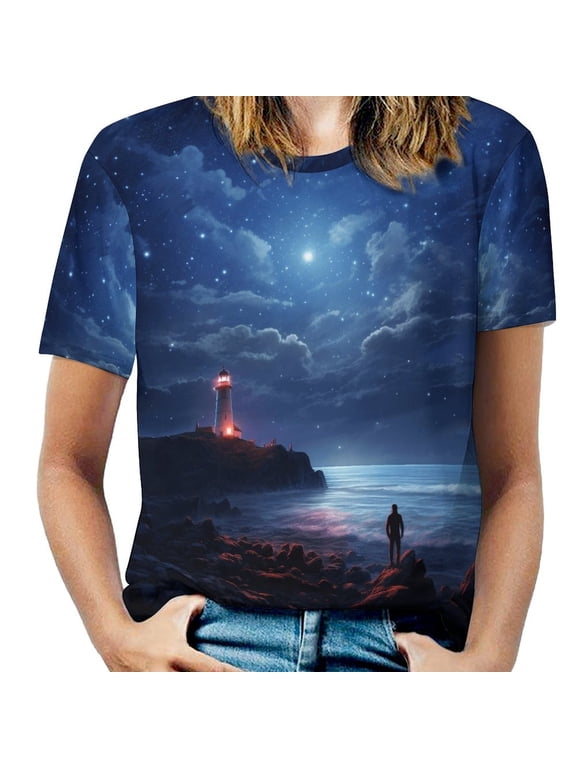 Lighthouse Sunrise Coast Scenery Pale Blue Tan Womens Tops Women's Fashion Casual Short Sleeve Flower Print Round Neck Pullover Top Blouse