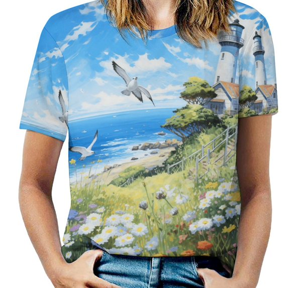 Lighthouse Sunrise Coast Scenery Pale Blue Tan Womens Tops Women's Fashion Casual Short Sleeve Flower Print Round Neck Pullover Top Blouse