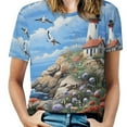 thumbnail image 1 of Lighthouse Sunrise Coast Scenery Pale Blue Tan Womens Tops Women's Fashion Casual Short Sleeve Flower Print Round Neck Pullover Top Blouse, 1 of 6