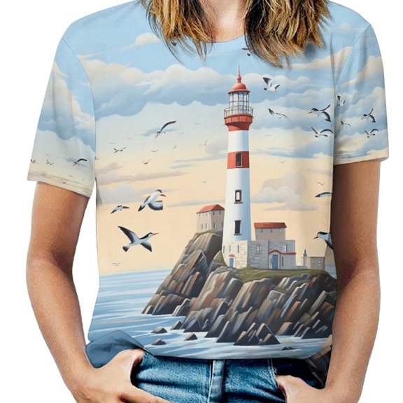 Lighthouse Sunrise Coast Scenery Pale Blue Tan Womens Tops Women's Fashion Casual Short Sleeve Flower Print Round Neck Pullover Top Blouse