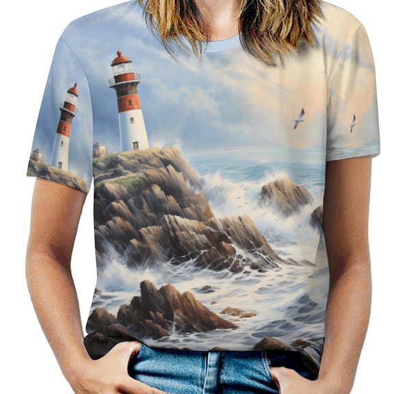 Lighthouse Sunrise Coast Scenery Pale Blue Tan Womens Tops Women's Fashion Casual Short Sleeve Flower Print Round Neck Pullover Top Blouse