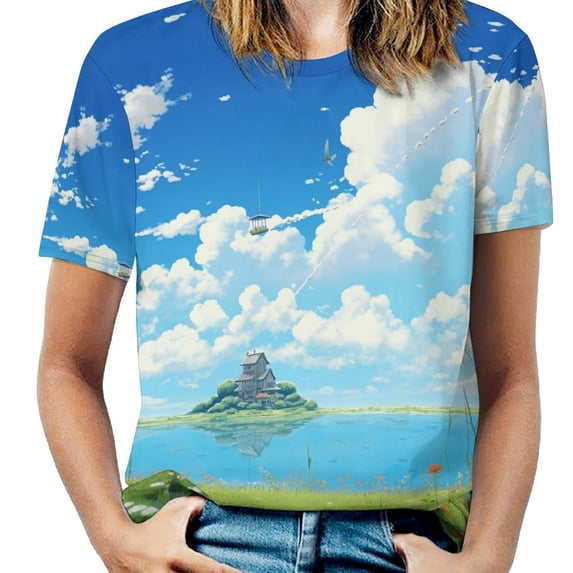 Lighthouse Sunrise Coast Scenery Pale Blue Tan Womens Tops Women's Fashion Casual Short Sleeve Flower Print Round Neck Pullover Top Blouse