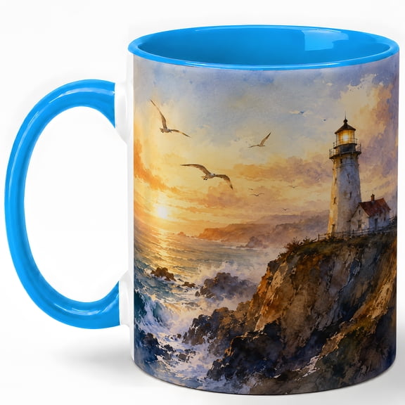 Lighthouse Sunset 11oz Ceramic Mug, Coastal Ocean Coffee Cup