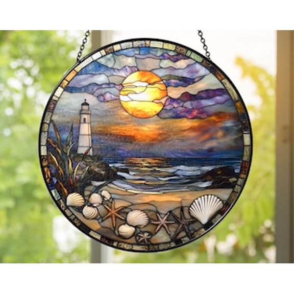 Lighthouse Sunset Glass Suncatcher: Coastal Beach Decor, 6.3 in