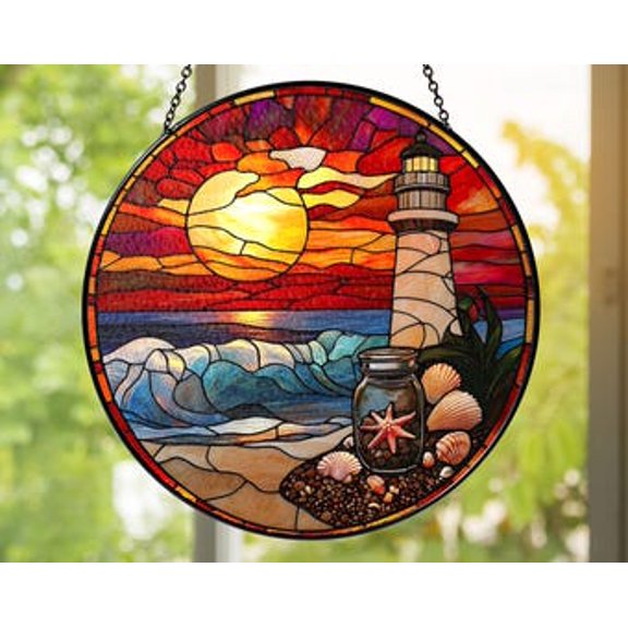 Lighthouse Sunset Glass Suncatcher: Coastal Ocean Decor, 7.9 in