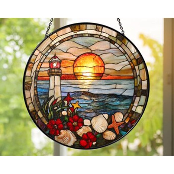 Lighthouse Sunset Glass Suncatcher – Coastal Ocean Window Hanging, Beach Nautical Glass Panel, Seashell & Starfish Home Décor Gift, 7.9 in