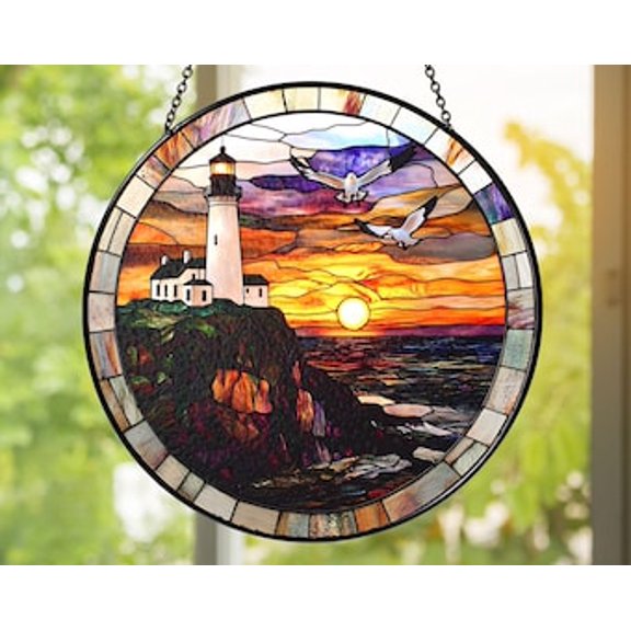 Lighthouse Sunset Glass Suncatcher | Coastal Seaside Window Hanging | Nautical Handmade Home Décor & Beach House Gift, 7.9 in