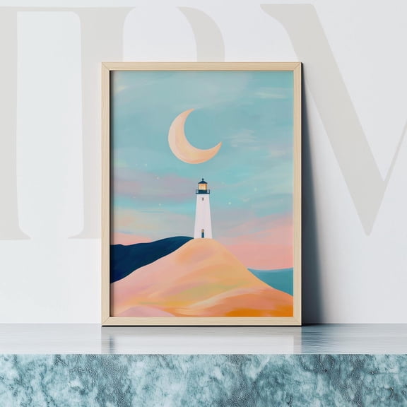 Lighthouse Sunset Illustration, Nautical Wall Art Home Decor #635, Unframed Canvas Size 24x36