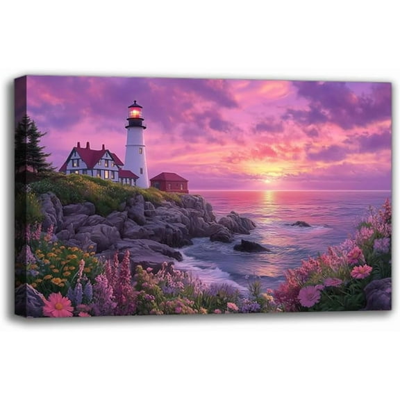 Lighthouse and Sunset Nautical Theme Canvas Wall Art Prints - Modern Framed Coastal Landscape Posters Wall Decor for Living Room Bedroom Bathroom, Unique Art Gifts for Room Decoration (18W" X 12L")
