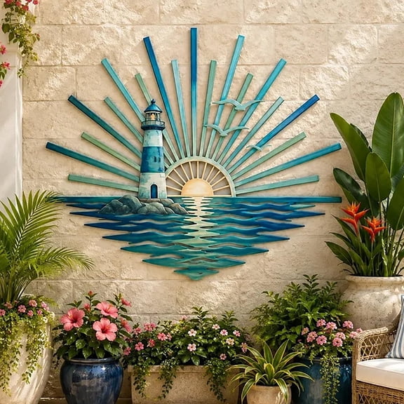 Lighthouse Sunset Ocean Metal Wall Decor, Outdoor Garden Hanging Decor, Ocean Theme Metal Wall Art with Sea Turtle & Ocean Waves Design, Nautical Beach House Decor (CS)