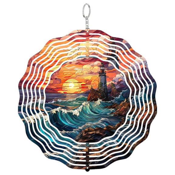 Lighthouse Sunset Stained Glass 3D Wind Spinner Kinetic Hanging Garden Decor Stainless Steel
