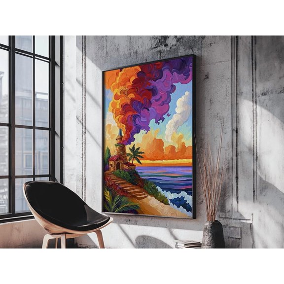 Lighthouse Sunset Tropical Coastal Wall Art Unframed Paper Print
