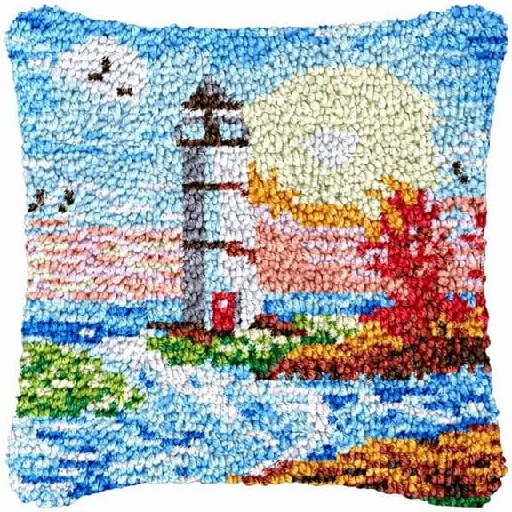 Lighthouse Sunset View Latch Hook Kits Pillow DIY Rug Cushion Making Kits with preprinted Pattern Canvas Instruction Yarns and Latch Hooking Pillow Cover Easy to Start DIY Home Decor Kits 43x43cm