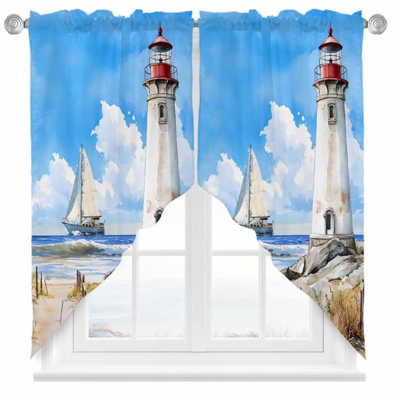 Lighthouse Swag Kitchen Curtain Valances, Summer Beach Boat Rod Pocket Curtains Window Treatment Decor Valances for Bedroom Bathroom, 2 Panels 36 x 36 Inch