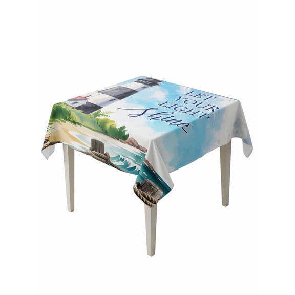 Lighthouse Table Cloth, Blue Coastal Nautical Ocean Beach Palm Tree Waterproof Tablecloth for Square Tables, Reusable Washable Fabric Table Cover for Restaurant Kitchen Dining Tables 60"x60"